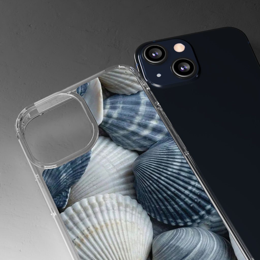 Seashell Pattern Clear Phone Case — Coastal Blue Shells iPhone Case