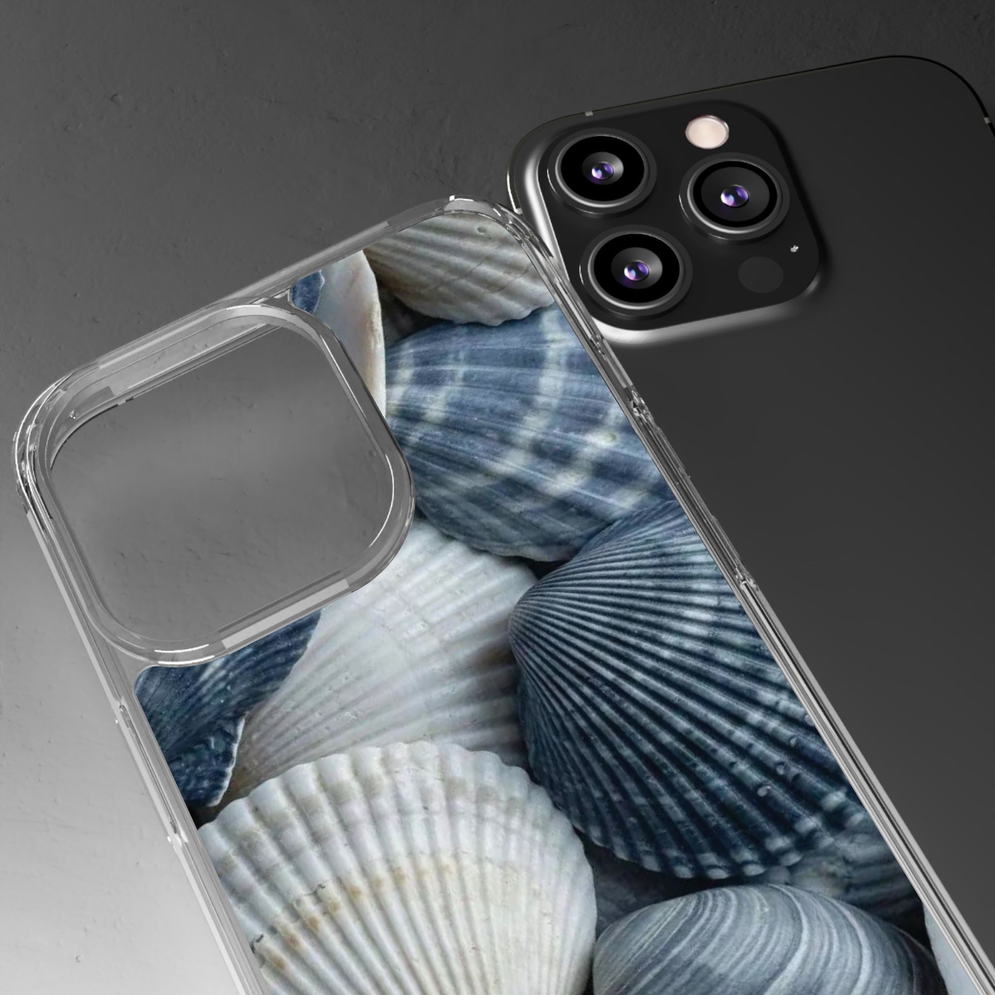 Seashell Pattern Clear Phone Case — Coastal Blue Shells iPhone Case