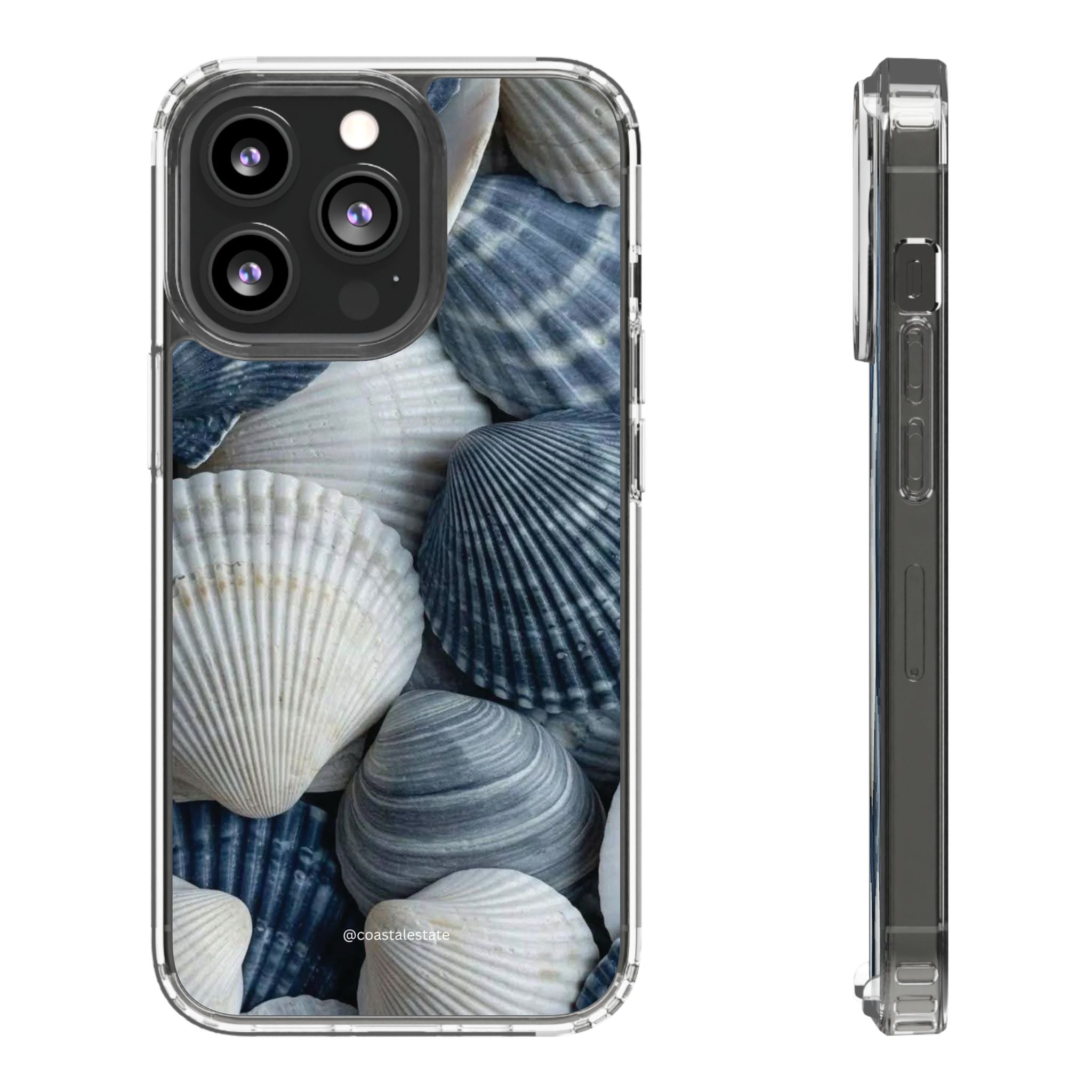 Seashell Pattern Clear Phone Case — Coastal Blue Shells iPhone Case