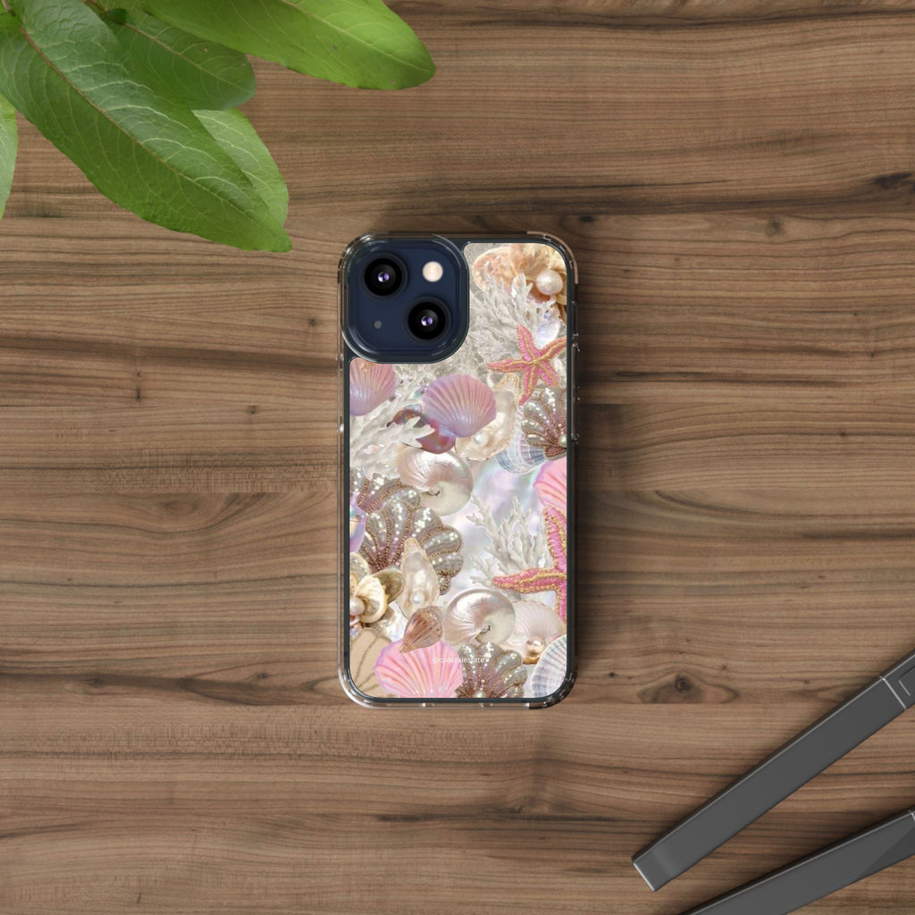 Seashell Gem Clear Phone Case — Iridescent Mermaid Beach Design