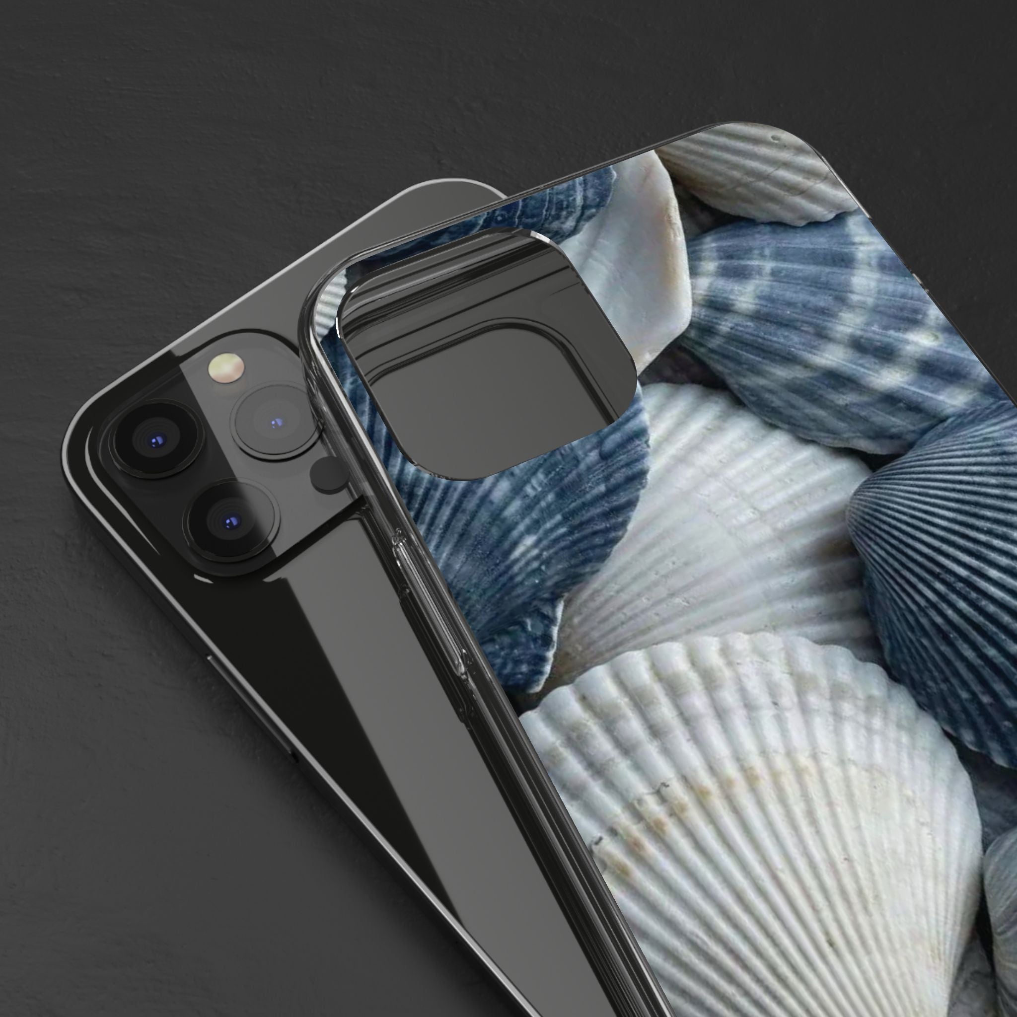Seashell Pattern Clear Phone Case — Coastal Blue Shells iPhone Case