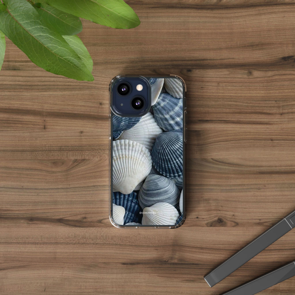 Seashell Pattern Clear Phone Case — Coastal Blue Shells iPhone Case