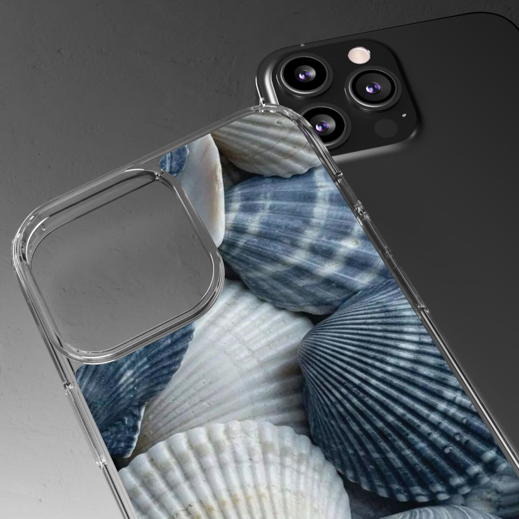 Seashell Pattern Clear Phone Case — Coastal Blue Shells iPhone Case