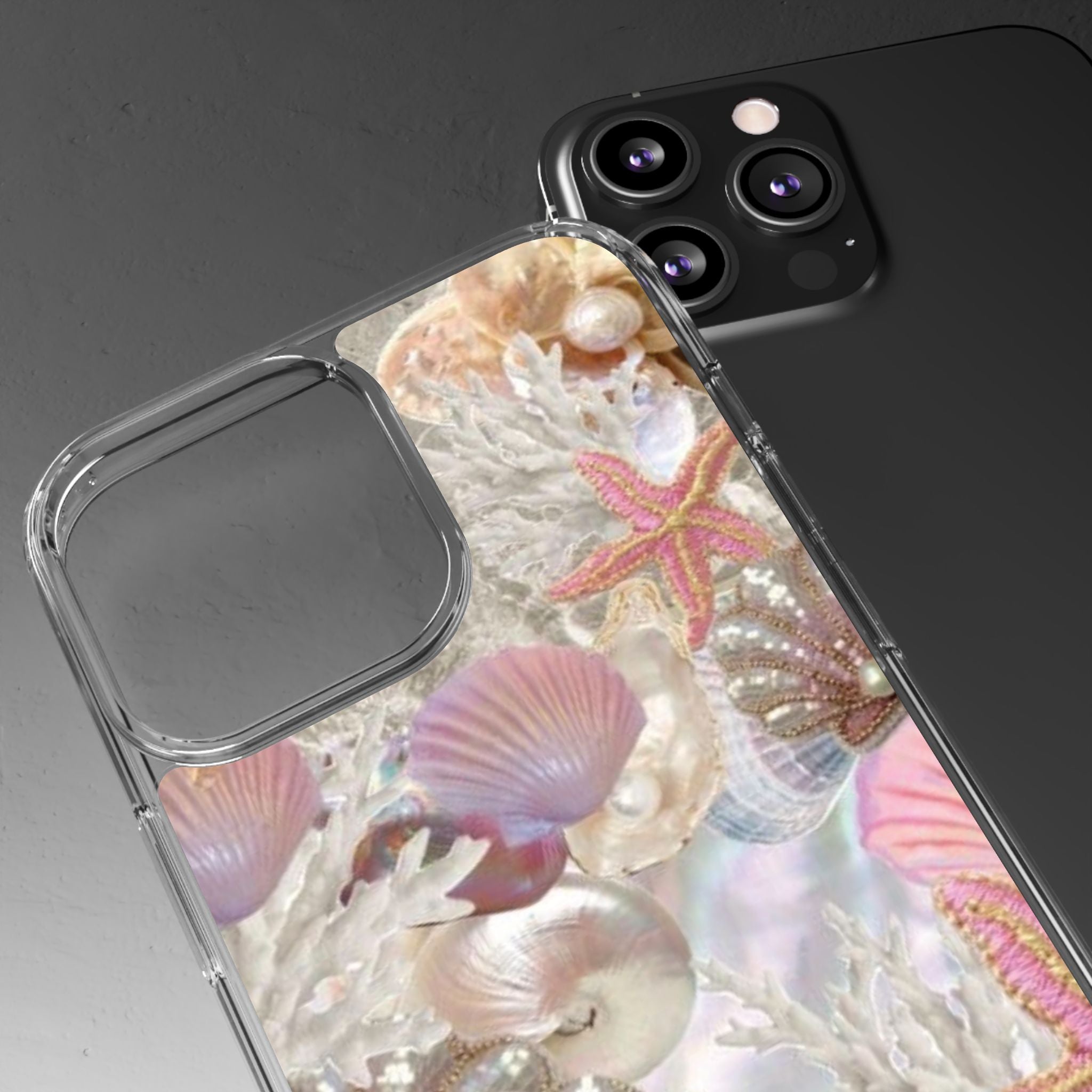 Seashell Gem Clear Phone Case — Iridescent Mermaid Beach Design