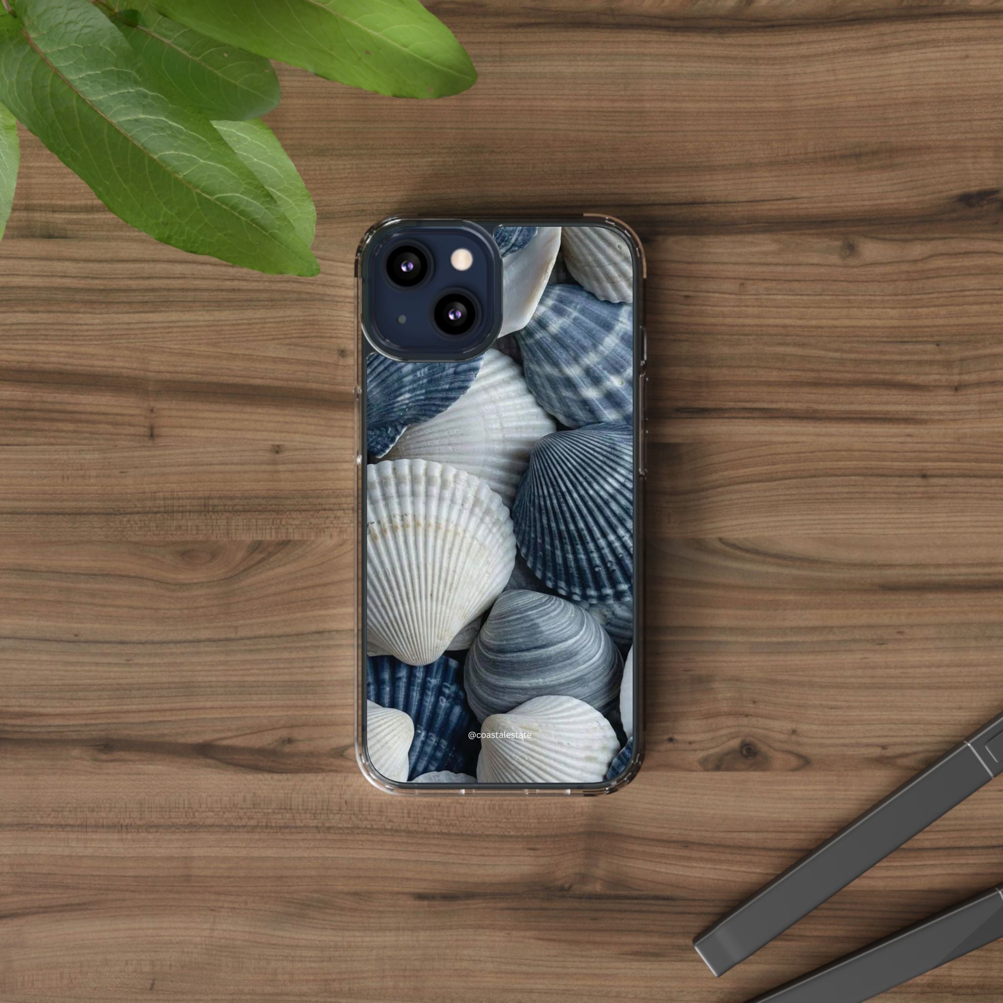 Seashell Pattern Clear Phone Case — Coastal Blue Shells iPhone Case