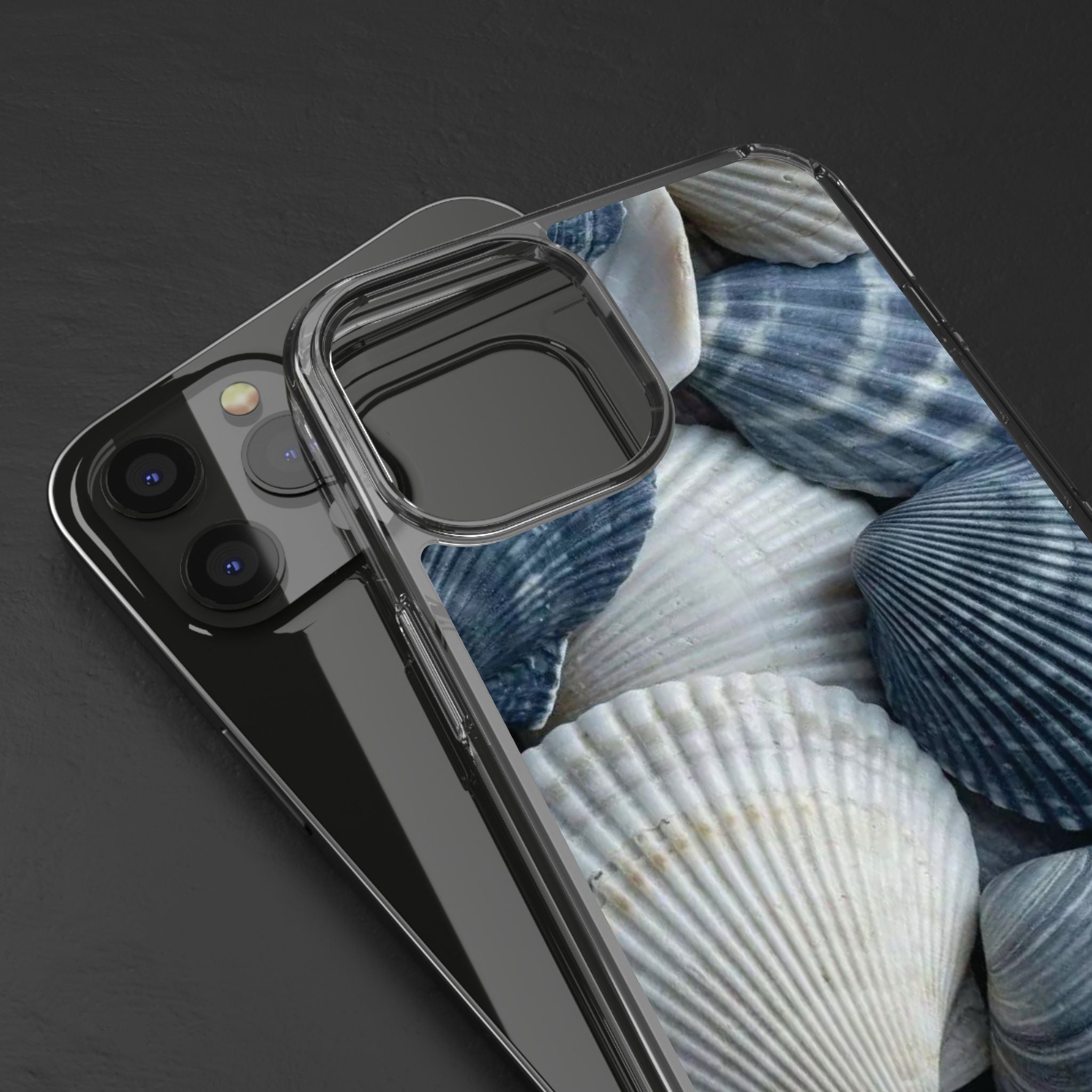Seashell Pattern Clear Phone Case — Coastal Blue Shells iPhone Case