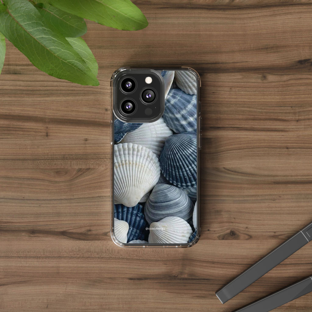 Seashell Pattern Clear Phone Case — Coastal Blue Shells iPhone Case